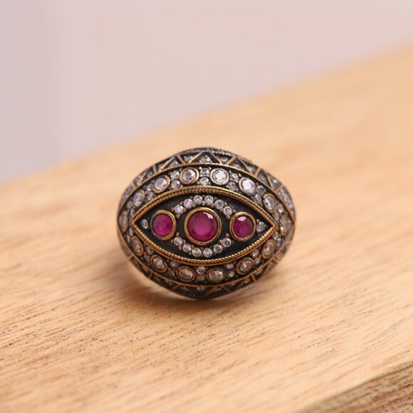 Vintage silver dome ring mix cx stones finger size 8.5 Indian Statement ring - Picture 3 of 7